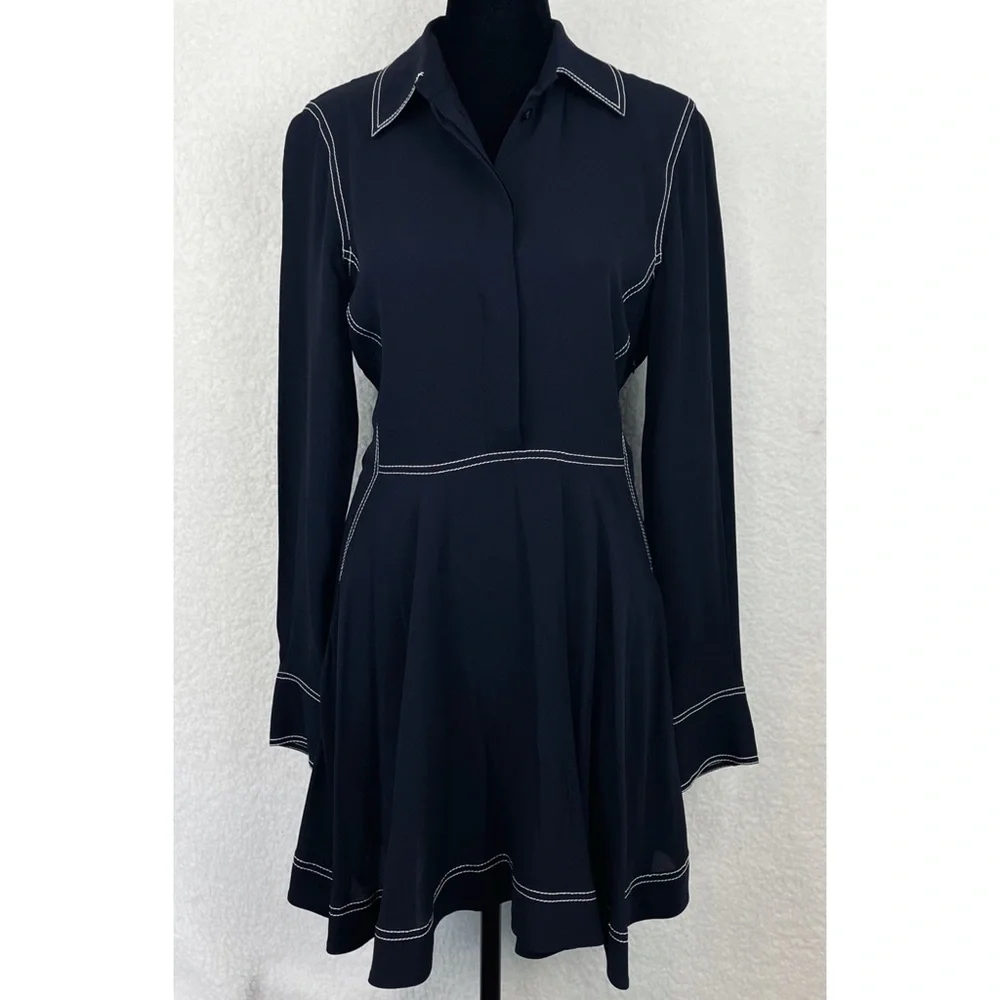 STELLA MCCARTNEY • 100% Silk Navy Contrast-Stitch Collared Mini Dress, S - Picture 15 of 16